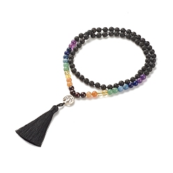 Mixed Stone 7 Chakra Gemstone Buddhist Necklace, Big Tassel with Alloy Tree of Life Pendant Necklace, Natural Lava Rock & Mixed Stone Jewelry for Women, 31.9 inch(81cm)