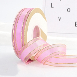 Flamingo Polyester Organza Ribbons with Gold Edge, Garment Accessories, Gift Wrapping Ribbon, Flamingo, 1 inch(25mm), about 49.21 Yards(45m)/Roll