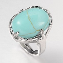 Synthetic Turquoise Adjustable Oval Gemstone Wide Band Rings, with Platinum Tone Brass Findings, US Size 7 1/4(17.5mm)
