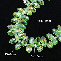Lime Vert Verre de galvanoplastie perles de larme à facettes brins, perles percées, de couleur plaquée ab , lime green, 11.5~13x6mm, Trou: 1mm, Environ 92~95 pcs/chapelet, 16.5 pouce