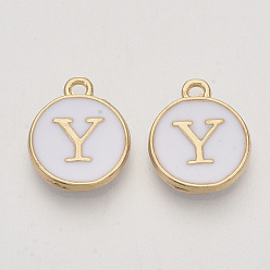 Letter Y Golden Plated Enamel Alloy Charms, Enamelled Sequins, Flat Round, White, Letter.Y, 14x12x2mm, Hole: 1.5mm, 100pcs/Box