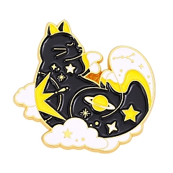 Planet Cat Enamel Pin, Light Gold Alloy Brooch for Backpack Clothes, Universe Themed Pattern, 28x28mm