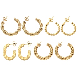 Golden 4 Pairs 4 Style 304 Stainless Steel Twist Rope & Oval & Ball Beaded C-shape Stud Earrings, Half Hoop Earrings for Women, Golden, 23~31.5x17~31.5x3~5mm, Pin: 0.5~0.8mm, 1 Pair/style