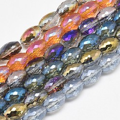 Color mezclado Abalorios de vidrio electrochapa, arco iris chapado, facetados, oval, color mezclado, 11~12x8 mm, agujero: 1 mm, sobre 60 unidades / cadena, 27.56 pulgada