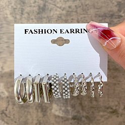 Platinum Twist Wave & Rectangle Alloy Stud Earrings, Half Hoop Earrings with Imitation Pearl Beads for Women, Platinum, 20~49mm, 5 Styles, 1 Pair/style, 5 Pairs/set