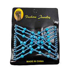Light Sky Blue Steel Hair Bun Maker, Stretch Double Hair Comb, with Glass & Acrylic Beads, Light Sky Blue, 75x85mm