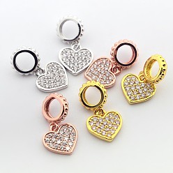 Mixed Color Brass Micro Pave Cubic Zirconia Large Hole European Dangle Heart Charms, Cadmium Free & Nickel Free & Lead Free, Mixed Color, 17mm, Hole: 4mm, Heart: 10x9x1.5mm