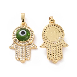 Lime Green Brass Micro Pave Cubic Zirconia Pendants, with Handmade Evil Eye Lampwork, Hamsa Hand Charm, Real 18K Gold Plated, Lime Green, 25x16x5mm, Hole: 4x6.5mm