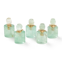 Fluorine Pendentifs de fluorite naturelles, bouteille de parfum ouvrable, avec les accessoires en laiton de tonalité d'or, 33~35x17~19x11~13mm, Trou: 2mm, capacité: 1 ml (0.03 fl. oz)