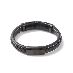Electrophoresis Black Leather Cord Bracelets, 304 Stainless Steel Magnetic Clasp, Rectangle, Electrophoresis Black, 8-5/8 inch(22cm), 12~15x6~10mm