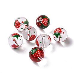 Fresa Perlas de vidrio transparentes, con esmalte, rondo, rojo, Patrón de fresa, 14~15x13~13.5 mm, agujero: 1.5~1.6 mm
