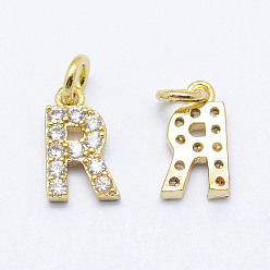 Real 18K Gold Plated Brass Micro Pave Grade AAA Cubic Zirconia Charms, Letter R, Cadmium Free & Nickel Free & Lead Free, Real 18K Gold Plated, 9x5x1.5mm, Hole: 2mm