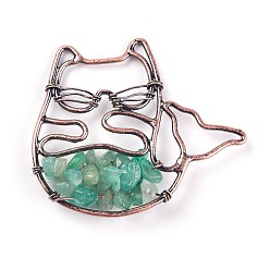 Green Aventurine Natural Green Aventurine Big Pendants, with Brass Findings, Animal, Red Copper, 44x50x6mm