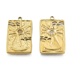 Real 18K Gold Plated Ion Plating(IP) 304 Stainless Steel Pendants, Rectangle with Sun, Real 18K Gold Plated, 30x18.5x3mm, Hole: 2mm