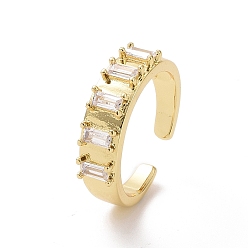 Golden Clear Cubic Zirconia Rectangle Open Cuff Ring, Brass Jewelry for Women, Golden, Inner Diameter: 17mm