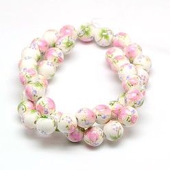 Pale Green Handmade Flower Printed Porcelain Ceramic Beads Strands, Round, Pale Green, 10mm, Hole: 2mm, about 35pcs/strand, 13.5 inch