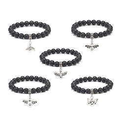 Antique Silver Natural Lava Rock Round Beaded Stretch Bracelet with Alloy Fairy Charm, Essential Oil Gemstone Jewelry for Women, Mixed Shape, Antique Silver, Inner Diameter: 2-1/8 inch(5.3cm)