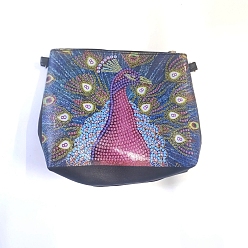 Peacock DIY Zipper Crossbody Bag Diamond Painting Kits, including PU Leather Bags, Resin Rhinestones, Diamond Sticky Pen, Tray Plate and Glue Clay, Rectangle, Peacock Pattern, 150x180mm