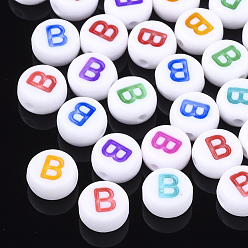 Letter B Initial Acrylic Beads, Horizontal Hole, Flat Round, Mixed Color, Letter.B, 7x3.5~4mm, Hole: 1.2mm, about 3700pcs/500g