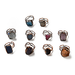 Mixed Stone Natural Gemstone Irregular Nugget Open Cuff Rings, Red Copper Plated Brass Wire Wrap Ring for Women, Cadmium Free & Lead Free, US Size 4 1/4(15mm)