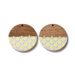 Yellow Opaque Resin & Walnut Wood Pendants, Flat Round Charms with Flower Pattern, Yellow, 35x4mm, Hole: 2mm