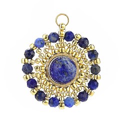 Lapis Lazuli Handmade Japanese Seed Beads Pendants, Braided Natural Lapis Lazuli Flower Charm, Faceted, 24.5x22~23x8mm, Inner Diameter: 3mm