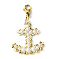 Anchor & Helm Shell Pearl & Brass Beaded Pendant Decoration, with 304 Stainless Steel Lobster Claw Clasps, Anchor & Helm, 45mm