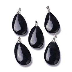 Obsidian Natural Obsidian Pendants, with Brass Finding, Teardrop, 35x20x7.5~9mm, Hole: 4x3.5mm