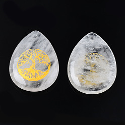 Quartz Crystal Natural Quartz Crystal Pendants, Rock Crystal Pendants, Teardrop with Tree of Life Pattern, 32~33.5x25~26x6.5~7.5mm, Hole: 2mm, 6pcs/bag