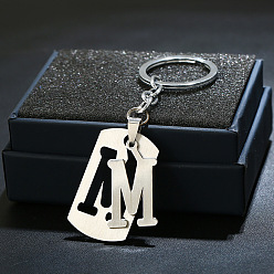 Letter M 201 porte-clés en acier inoxydable, porte-clés étiquette de chien, avec porte-clés en fer plaqué platine, rectangle avec lettre fractionnée, letter.m, 10.5 cm