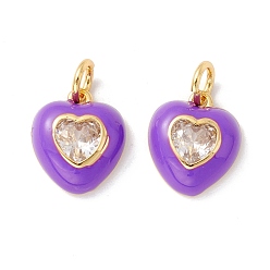 Purple Rack Plating Brass Clear Cubic Zirconia Charms, with Enamel, Cadmium Free & Lead Free, Real 18K Gold Plated, Heart, Purple, 14x12x4mm, Jump Ring: 6x1mm, 4mm iner Diameter
