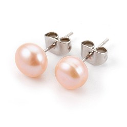 Pink Perlas naturales pernos prisioneros del oído, con 304 fornituras de acero inoxidable, rondo, rosa, 16~18x5~7 mm, pin: 0.7 mm