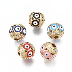 Mixed Color Brass Micro Pave Cubic Zirconia Beads, with Enamel, Real 18K Gold Plated, Round with Evil Eye, Nickel Free, Mixed Color, 8x8x7.5mm, Hole: 1.6mm