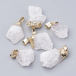 Clear Natural Quartz Crystal Pendants, Rock Crystal Pendants, with Golden Tone Iron Brass Findings, Nuggets, Clear, 20~30x10~18x8~18mm, Hole: 3~4x7mm