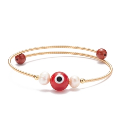 Jaspe Rouge Jaspe rouge naturel & mauvais œil au chalumeau & bracelet perlé naturel, bracelet torque en laiton pour femme, or, diamètre intérieur: 2-1/8 pouce (5.5 cm)