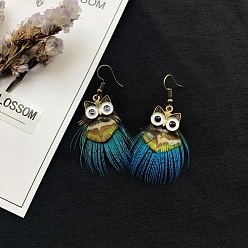 Dodger Blue Alloy Owl with Feather Dangle Earrings, Long Drop Earrings for Women, Dodger Blue, 50x50mm