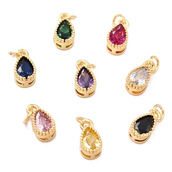 Mixed Color Real 18K Gold Plated Brass Inlaid Cubic Zirconia Charms, with Jump Ring, Long-Lasting Plated, Teardrop, Mixed Color, 9x5x4mm, Jump Ring: 4x0.5mm, 2.5mm Inner Diameter