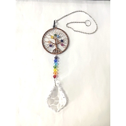 Colorful Big Pendant Decorations, Hanging Sun Catchers, Chakra Theme K9 Crystal Glass, Flat Round with Tree of Life, Colorful, 36.83cm