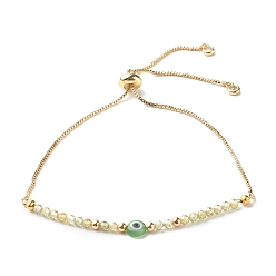 Olive Bracelets coulissants en laiton, avec des perles zircons, main lampwork mauvais oeil perles rondes à plat, olive, diamètre intérieur: 3/4~3-1/2 pouce (2~8.9 cm)