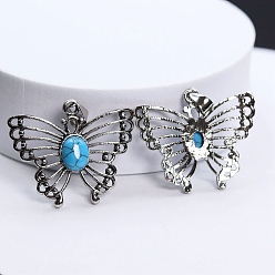 Synthetic Turquoise Synthetic Turquoise Pendants, Butterfly Charms with Platinum Plated Metal Findings, 32x38mm