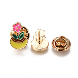 Hot Pink Alloy Enamel Brooches, Enamel Pin, with Brass Butterfly Clutches, Flower, Light Gold, Cadmium Free & Nickel Free & Lead  Free, Colorful, 16x10.5x2mm, Pin: 1mm