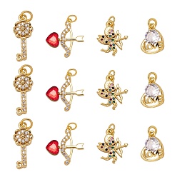 Golden 8Pcs 4 Style Brass Pendants, with Micro Pave Clear Cubic Zirconia and Jump Rings, Cupid/Cherub Arrow & Cupid/Cherub & Key with Flower & Heart & Word Love, for Valentine's day, Golden, 12~19x8~15.8x2~3.5mm, Hole: 2~3.2mm, 2pcs/style