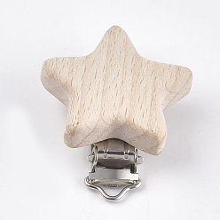 BurlyWood Beech Wood Baby Pacifier Holder Clips, with Iron Clips, Star, Platinum, BurlyWood, 52x44x18.5mm, Hole: 3.5x6mm