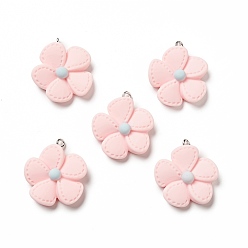 Pink Opaque Resin Pendants, with Platinum Tone Iron Loops, 5-petal Flower Charm, Pink, 29x25x7mm, Hole: 2mm