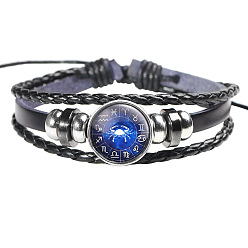 Cancer 12 Constellation Leather Cord Bracelets, with Alloy Beads and Wax Cord, Flat Round, Cancer, 2-3/8 inch(6cm)