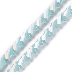 Cyan Clair Chapelets de perles en verre électrolytique , demi arc-en-ciel plaqué, facettes rectangle de torsion, cyan clair, 10x8x5mm, Trou: 1.2mm, Environ 50 pcs/chapelet, 21.26'' (54 cm)