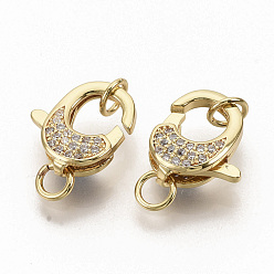 Real 18K Gold Plated Brass Micro Pave Clear Cubic Zirconia Lobster Claw Clasps, with Jump Rings, Real 16K Gold Plated, 14x12x5mm, Hole: 3mm
