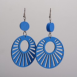 Dodger Blue Trendy Flat Round Wood Dangle Earrings, with Platinum Plated Iron Earring Hooks, Dodger Blue, 90.5x49mm, Pin: 0.8mm