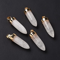 Cristal de Quartz Pendentifs à facettes en cristal quartz naturel, charmes de cône, avec les accessoires en fer et en alliage de ton doré, 42.5~46x14~15mm, Trou: 8x6mm