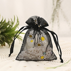 Black Organza Flower Printed Jewellery Storage Pouches, Wedding Favour Party Mesh Drawstring Gift Bags, Rectangle, Black, 14x10cm